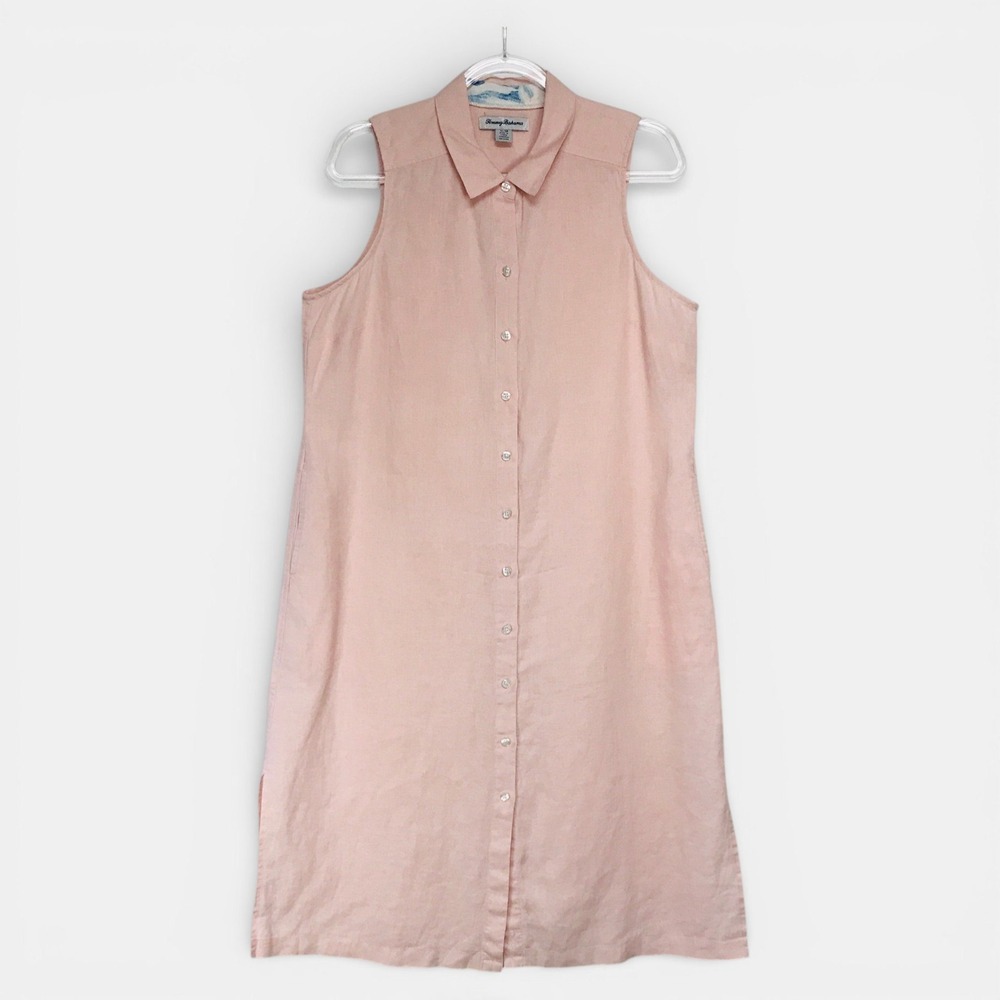 Tommy Bahama Womens M Light Pink 100% Linen‎ Sleeveless Button Down Midi Dress
